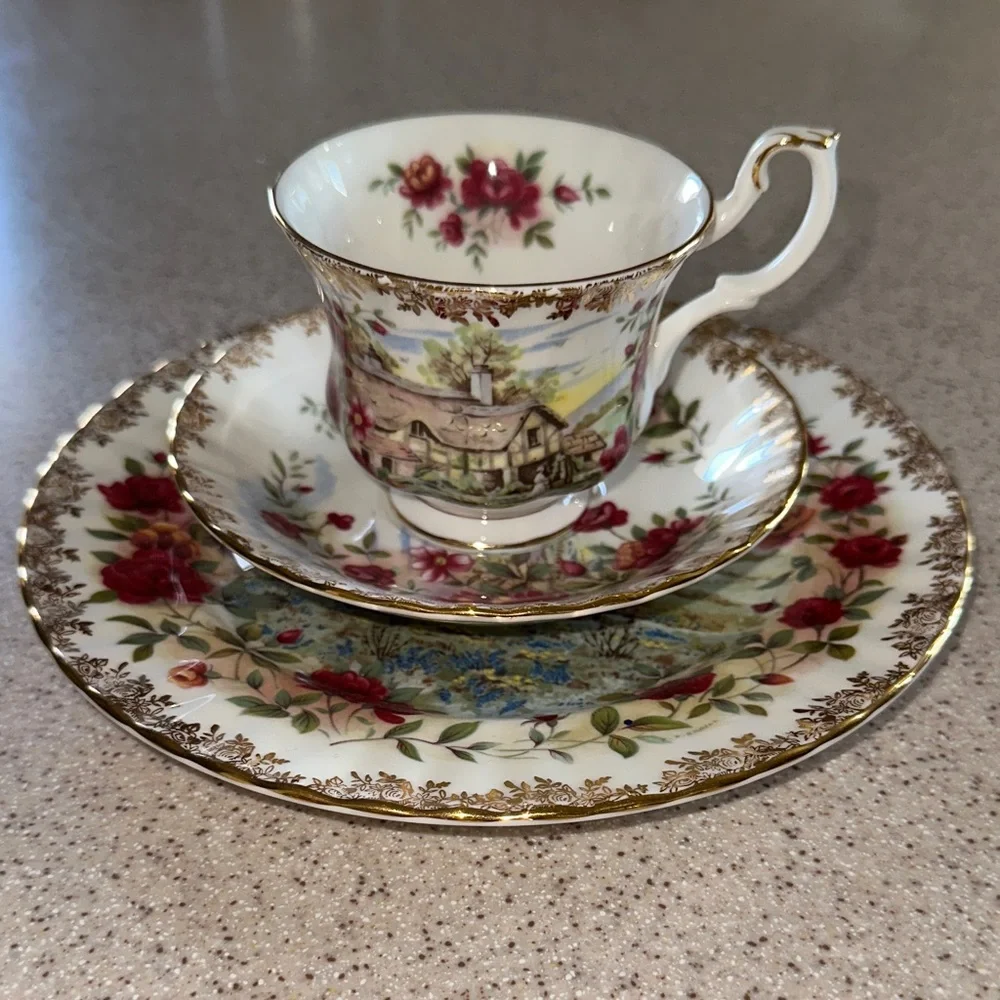 Royal Albert Four Seasons Series SPRING Country Scenes 3 piece set Teacup plates